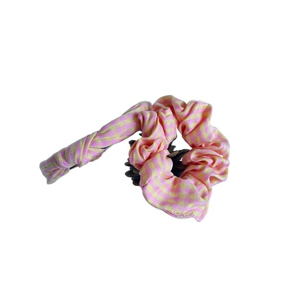 Girls Pink & Yellow Check Headband & Scrunchie Set – Stylish Hair Accessory Bund - Picture 8 of 12